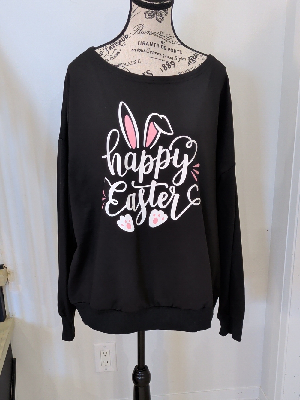 ROSHOP | Women's Black "Happy Easter" Oversize Off Shoulder Scuba Fleece…
